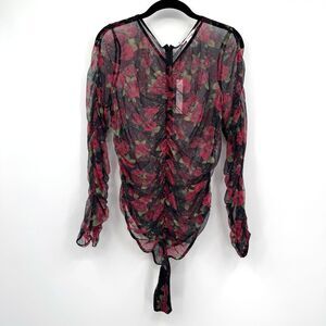 Victoria’s Secret Floral Mesh Ruched Long Sleeve Bodysuit Roses Sheer Gothic XL